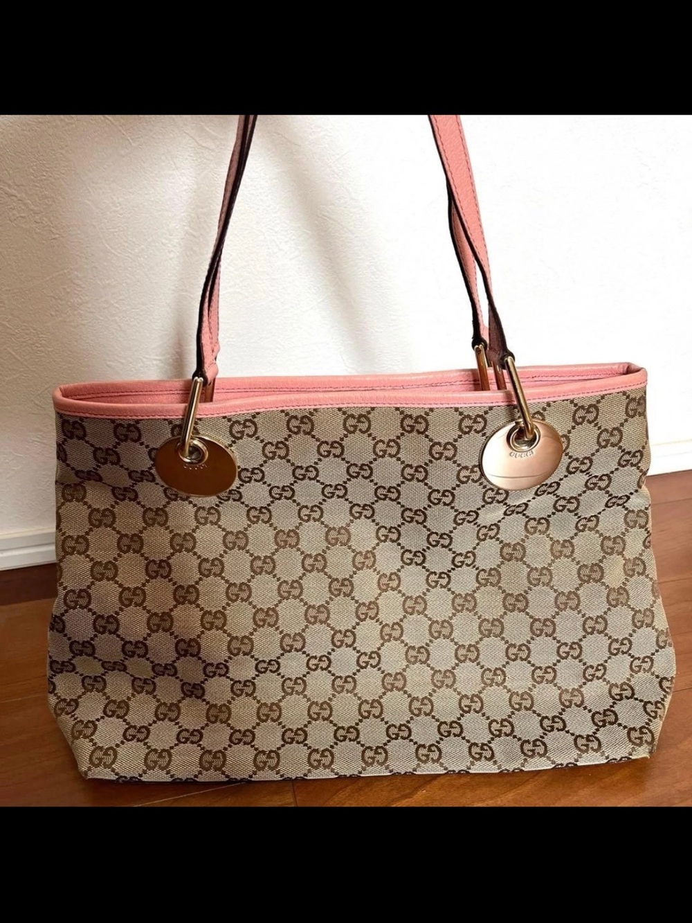 Gucci Beige GG Canvas Tote with Pink Trim and Gold Hardware